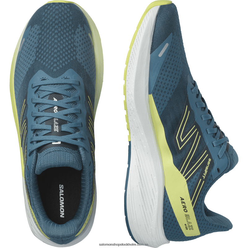 Salomon blå aska/solig lime/mörk safir löparskor för män - aero blaze T82RP1068