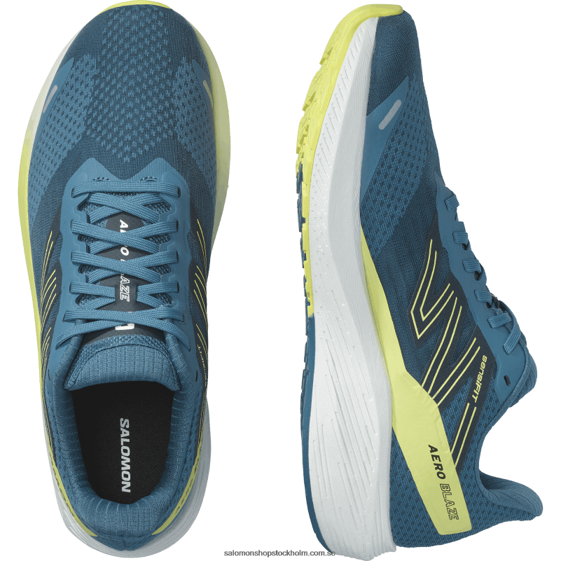 Salomon blå aska/solig lime/mörk safir löparskor för män - aero blaze wide T82RP58
