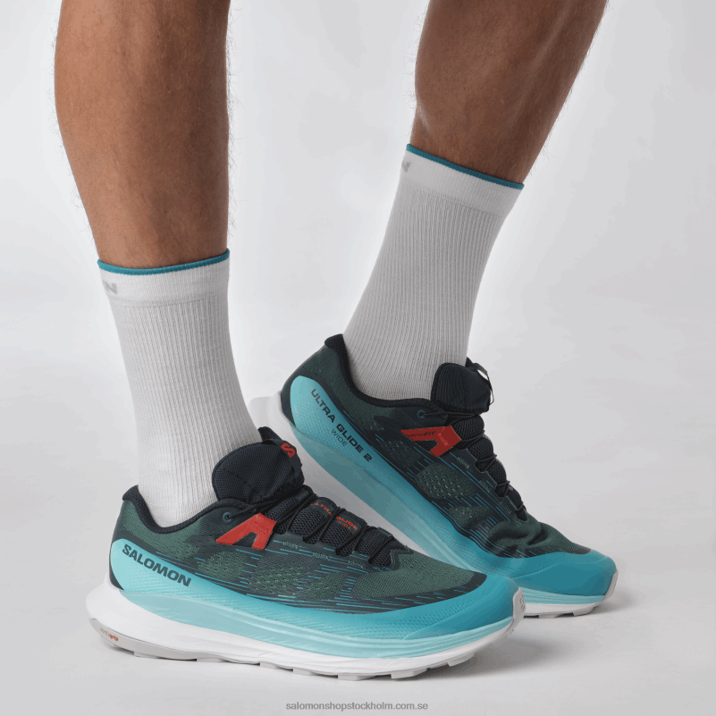 Salomon atlantisk djup/blå lyster/eldröd trail löparskor för män - ultra glide 2 breda T82RP1469