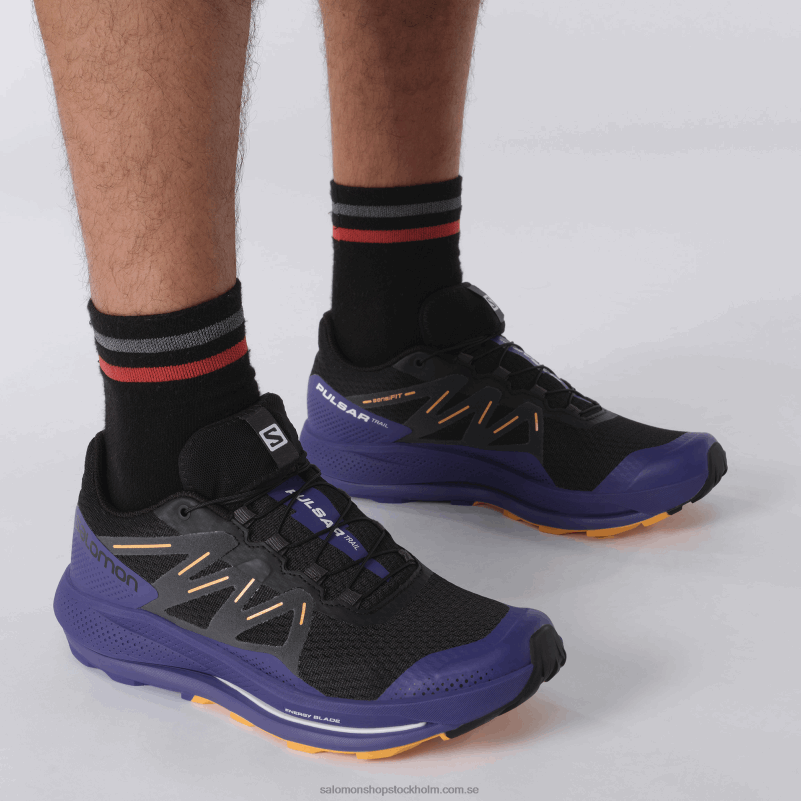 Salomon svart/klematisblå/flammande orange trail löparskor för män - pulsar trail T82RP1462