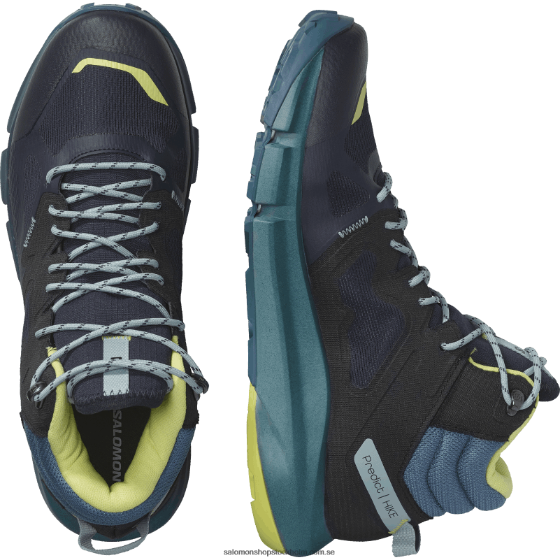 Salomon mörk safir/blå aska/solig lime vandringskängor för män - förutsäg vandring mitt i gore-tex T82RP56