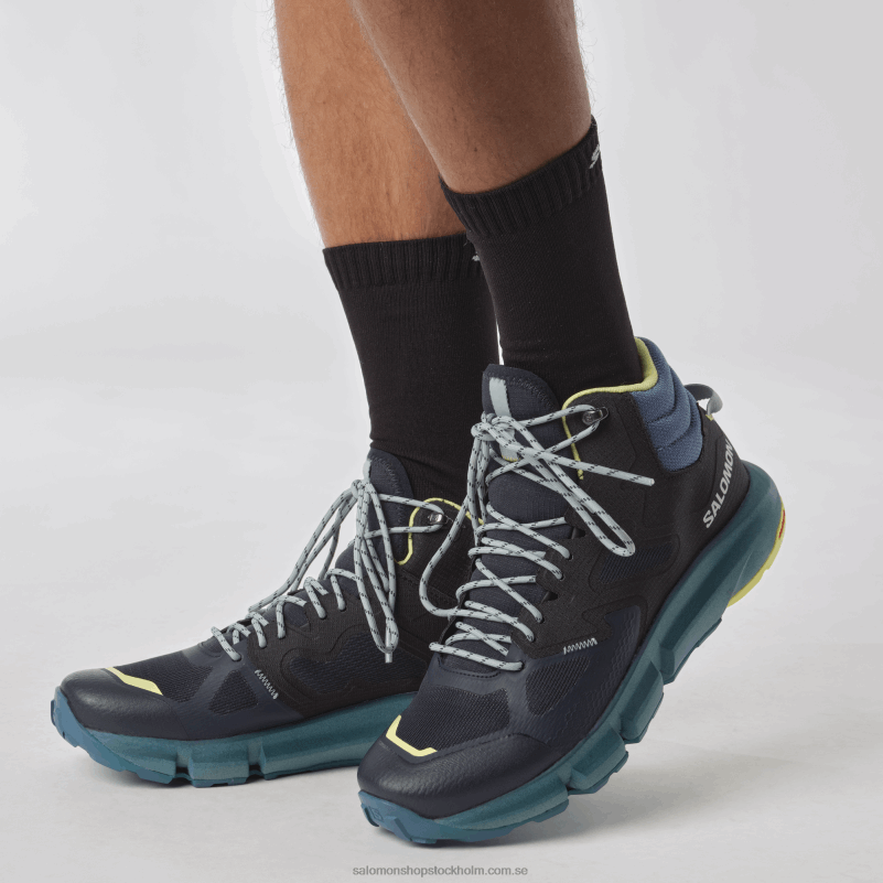 Salomon mörk safir/blå aska/solig lime vandringskängor för män - förutsäg vandring mitt i gore-tex T82RP56