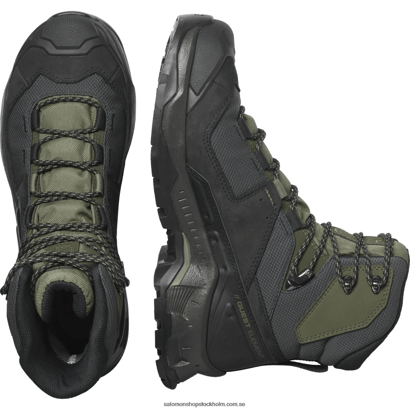 Salomon svart/djup lavgrön/olivnatt vandringskängor i läder för män - quest element gore-tex T82RP51